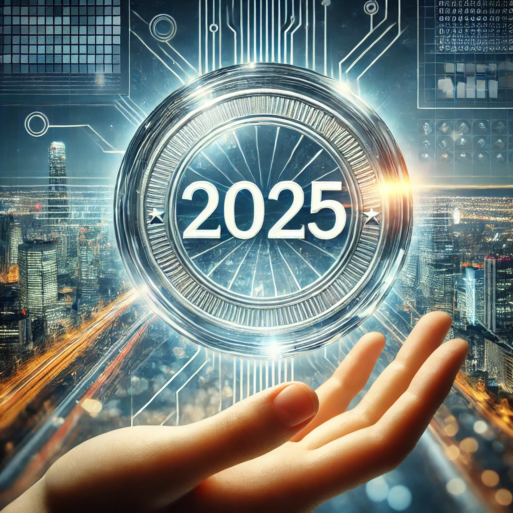 DALL·E 2025-01-01 11.26.50 - A futuristic transparent coin with the number 2025 prominently displayed in the center, supported by a realistic human hand gently holding the coin. T
